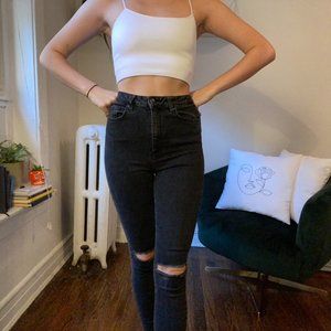 High Waisted Black Skinny Jeans with Ripped Knees